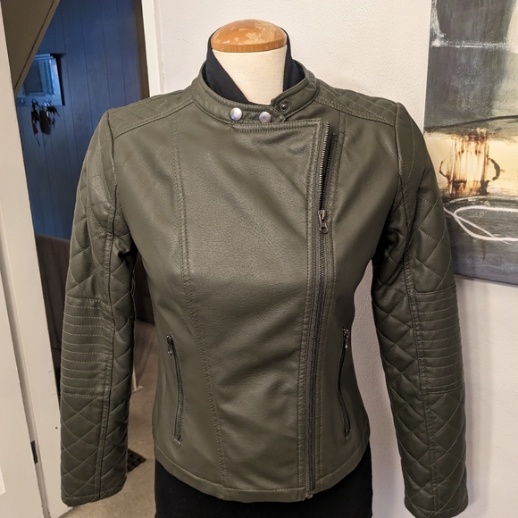 Vegan Leather Olive Green Moto jacket size M - Picture 5 of 12